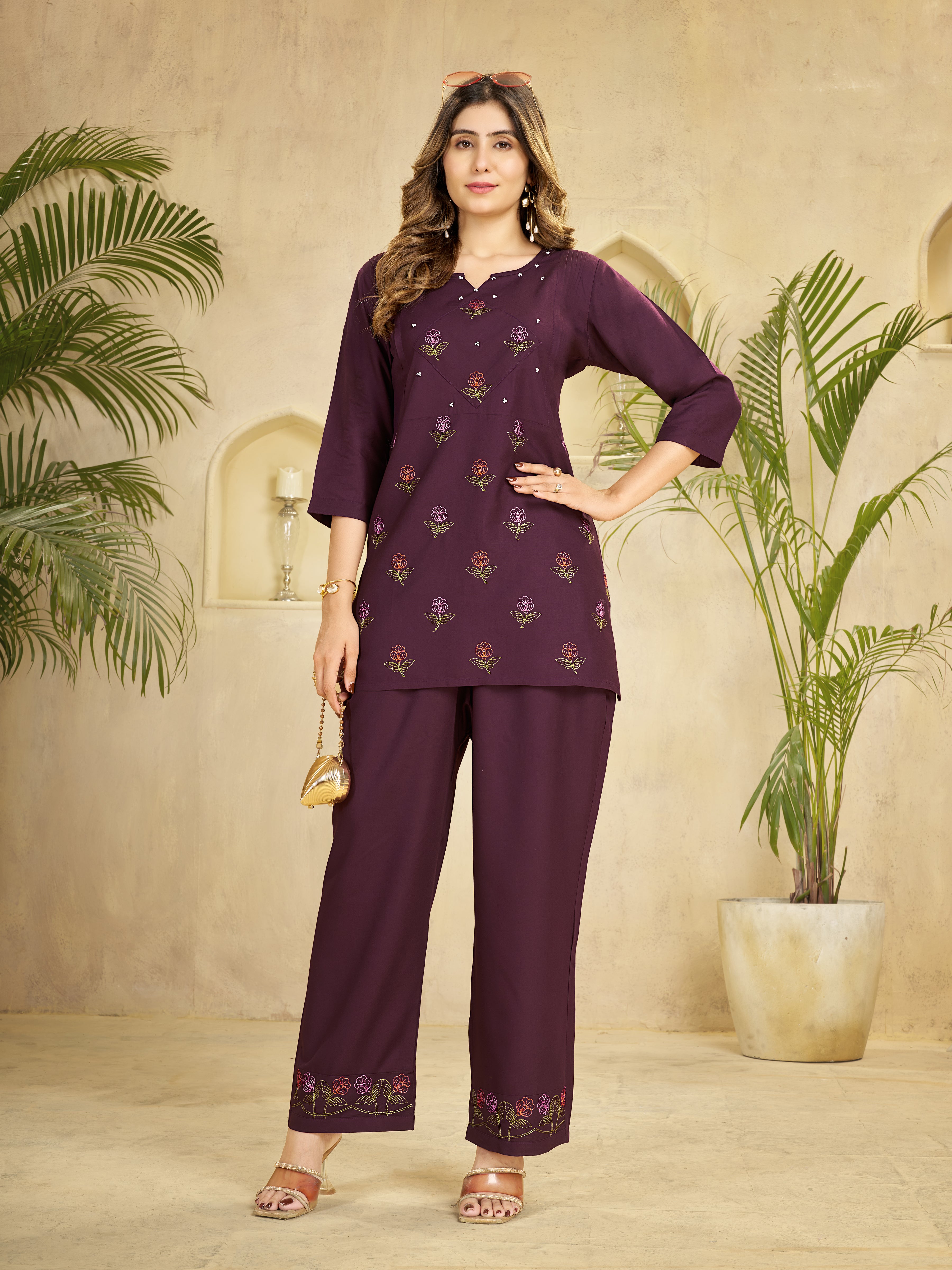 Heavy Rayon Embroidered Co-Ord Set . Hand Work Kurti & Straight Pant Set