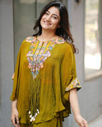 Mustard Chinon Embroidered Top & Palazzo Co-Ord Set for Women