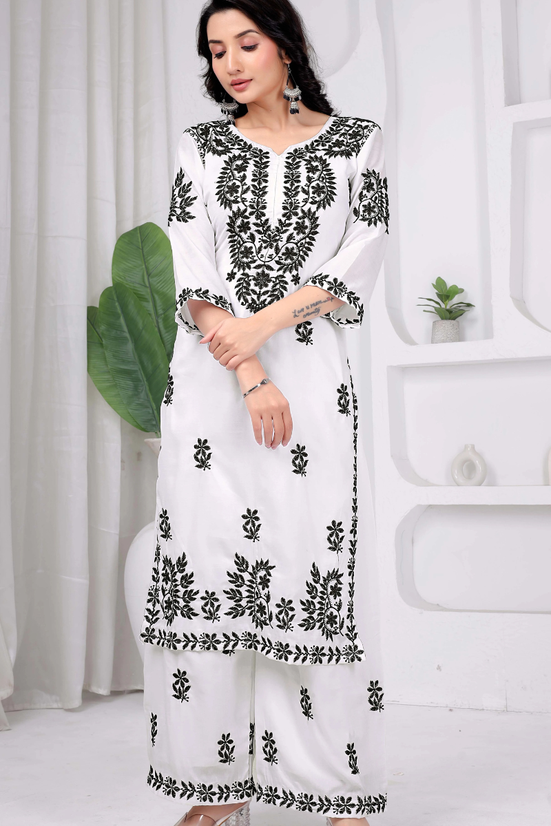 White & Black Maslin Embroidered Kurta Palazzo Set for Women