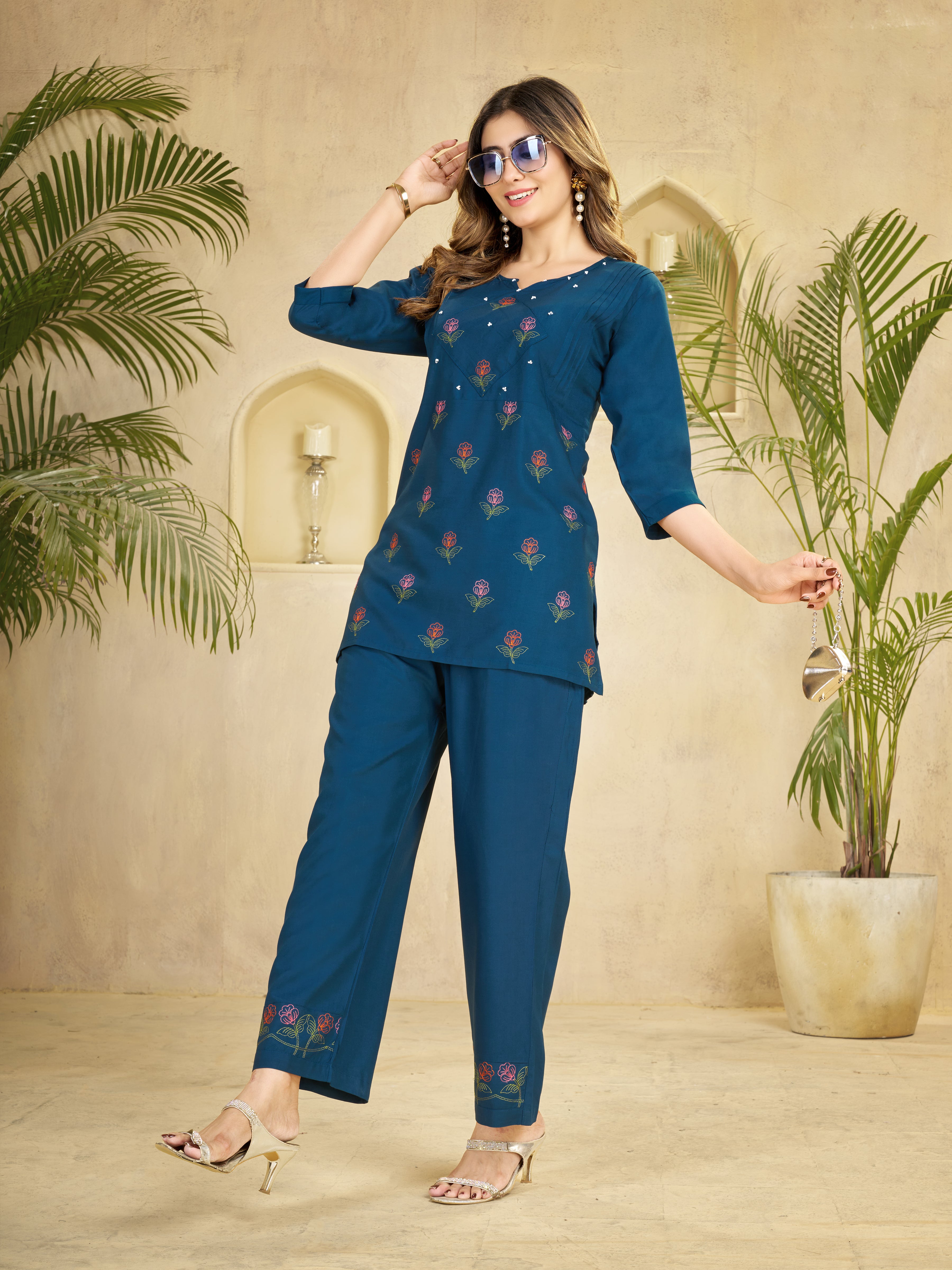 Heavy Rayon Embroidered Co-Ord Set . Hand Work Kurti & Straight Pant Set