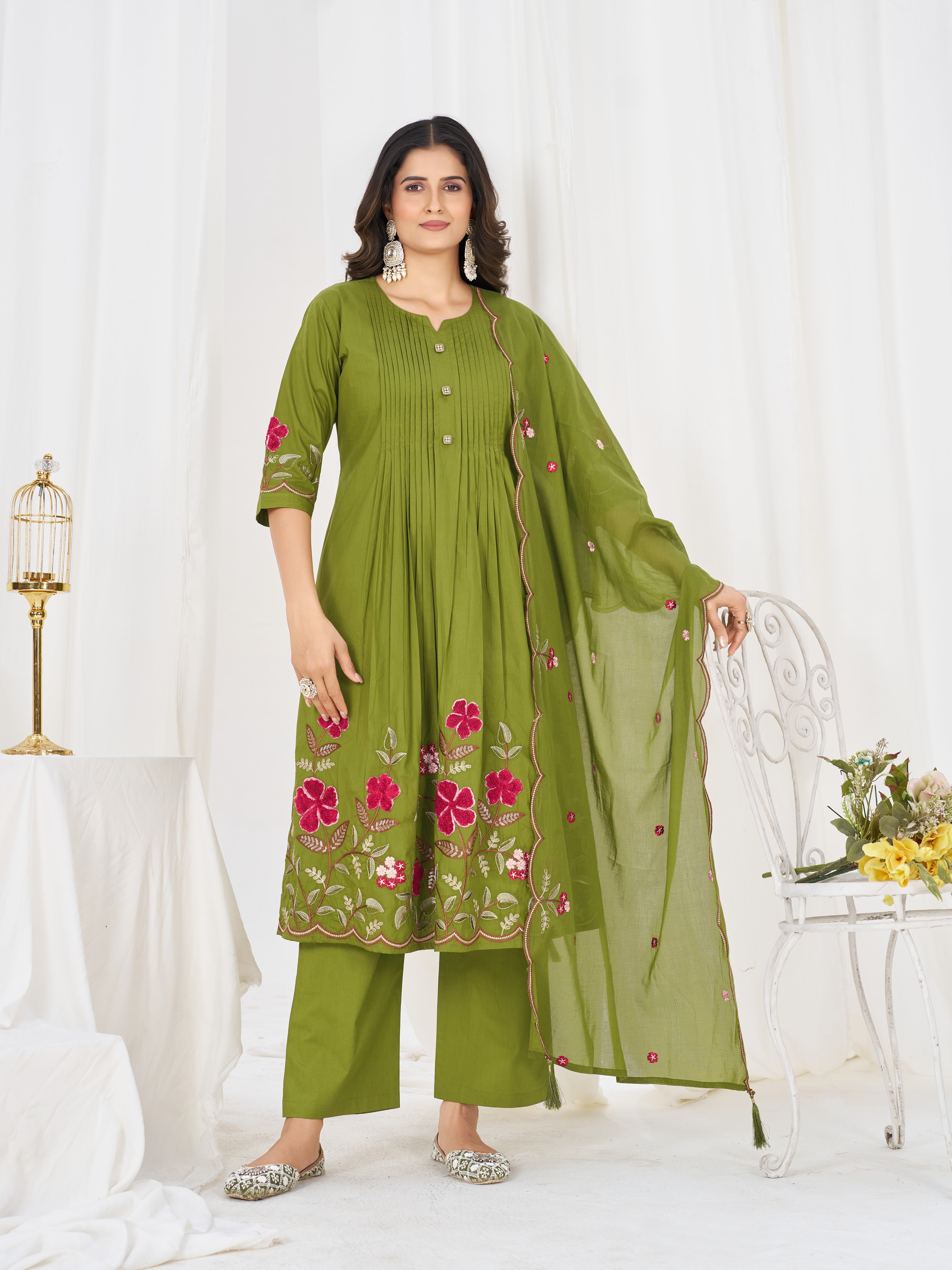 Pure Cotton Anarkali Kurti Set with Embroidered Dupatta   3 Piece Ethnic Suit Set