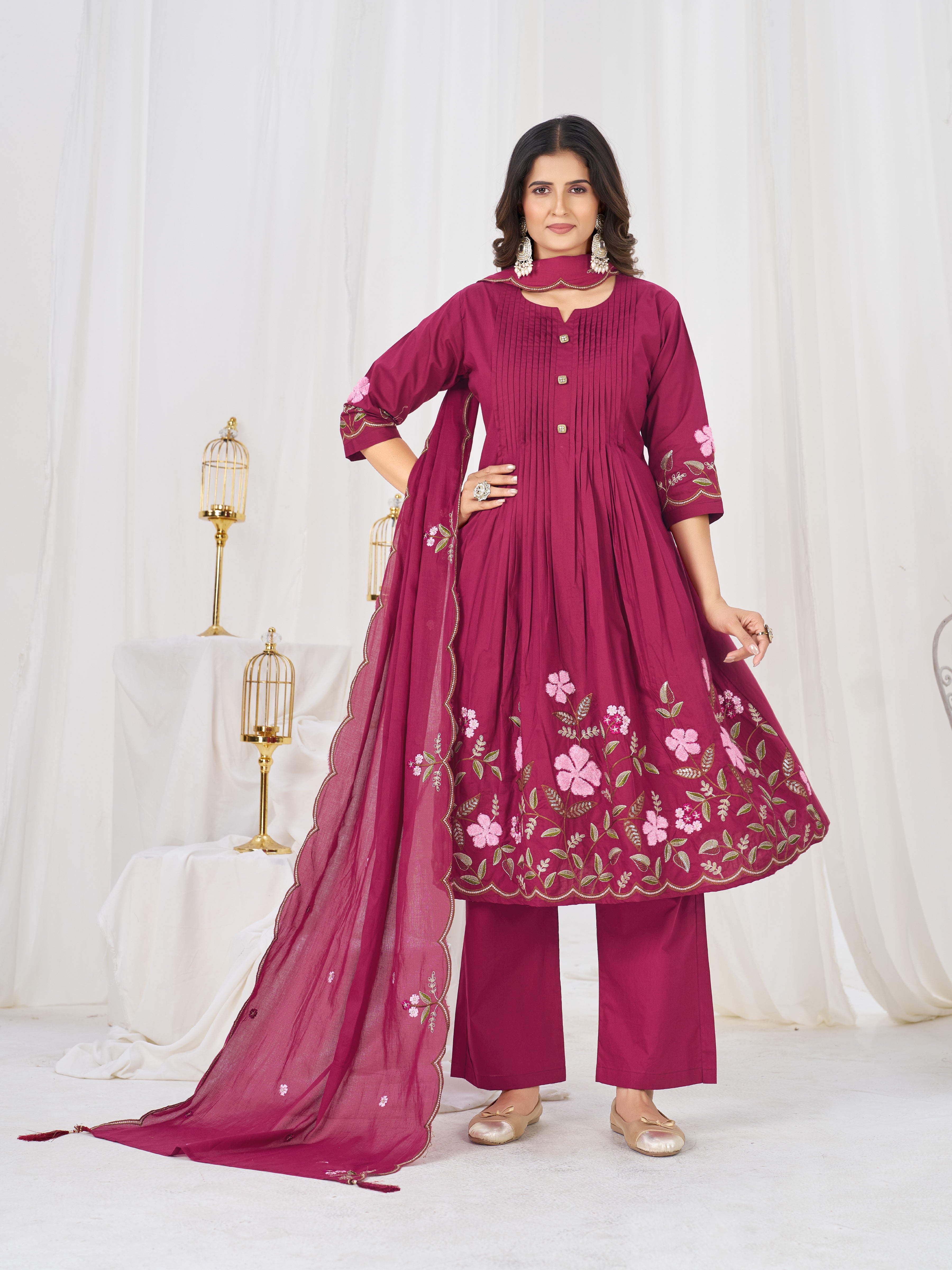Pure Cotton Anarkali Kurti Set with Embroidered Dupatta   3 Piece Ethnic Suit Set