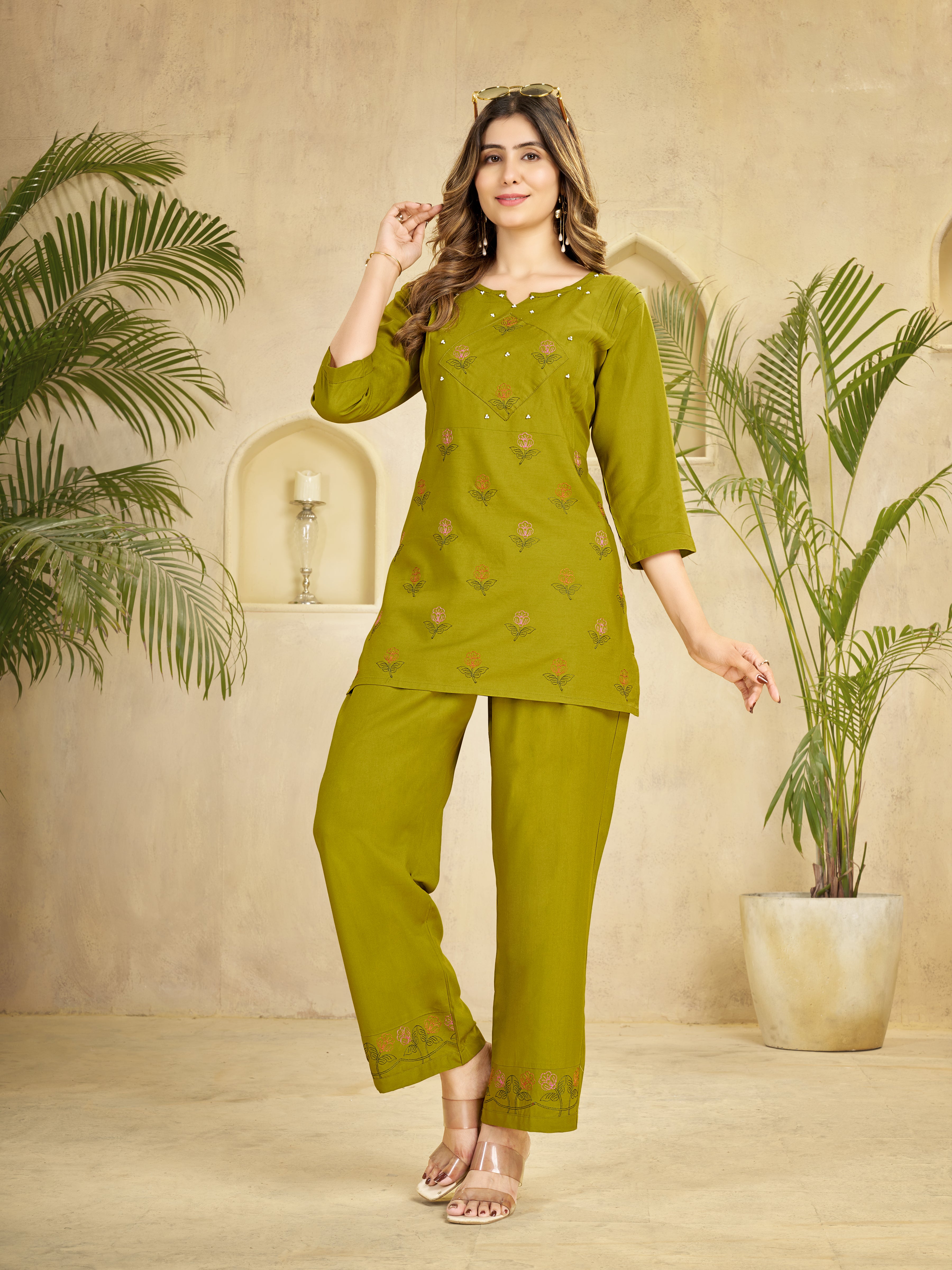Heavy Rayon Embroidered Co-Ord Set . Hand Work Kurti & Straight Pant Set