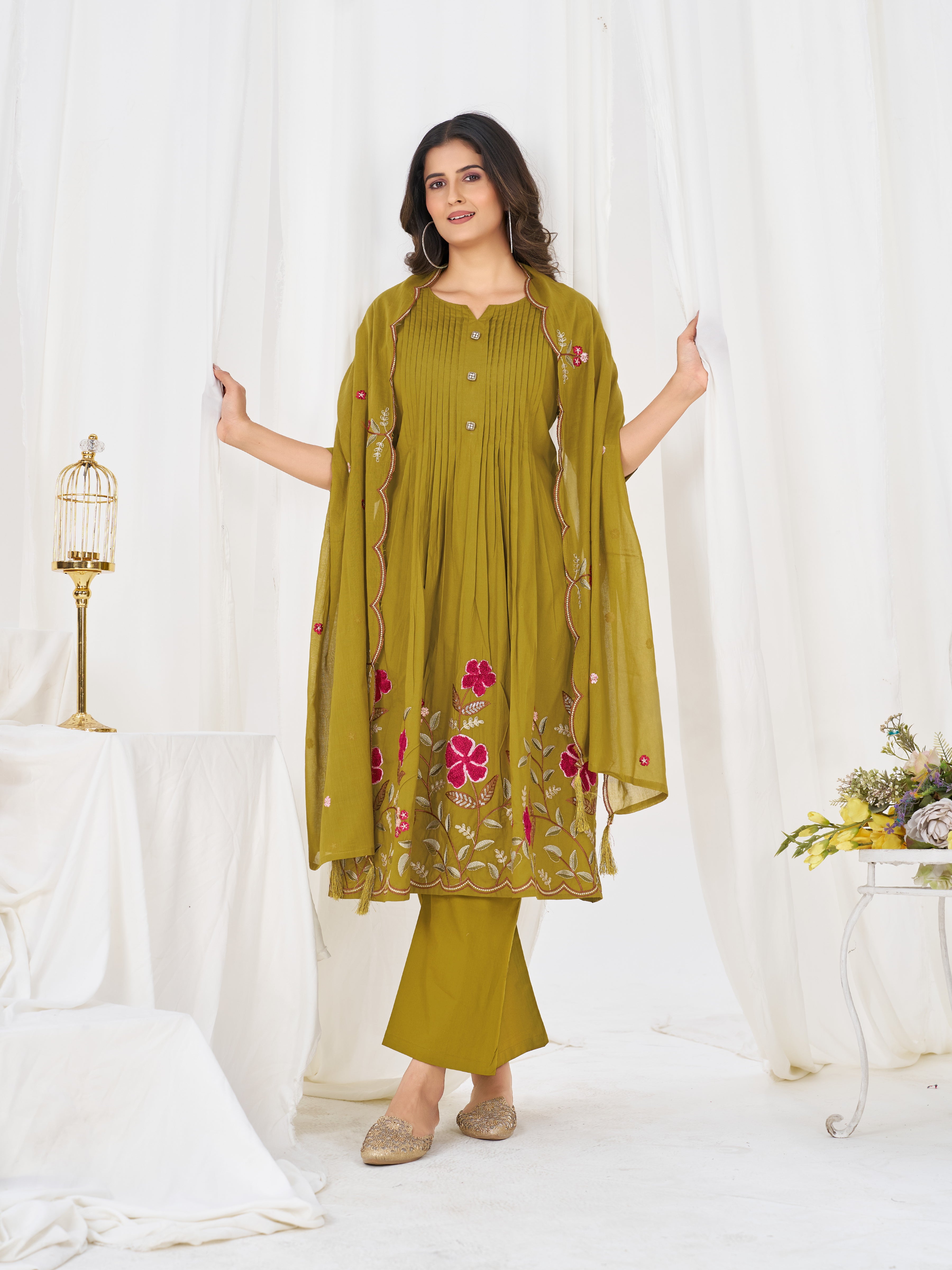 Pure Cotton Anarkali Kurti Set with Embroidered Dupatta   3 Piece Ethnic Suit Set