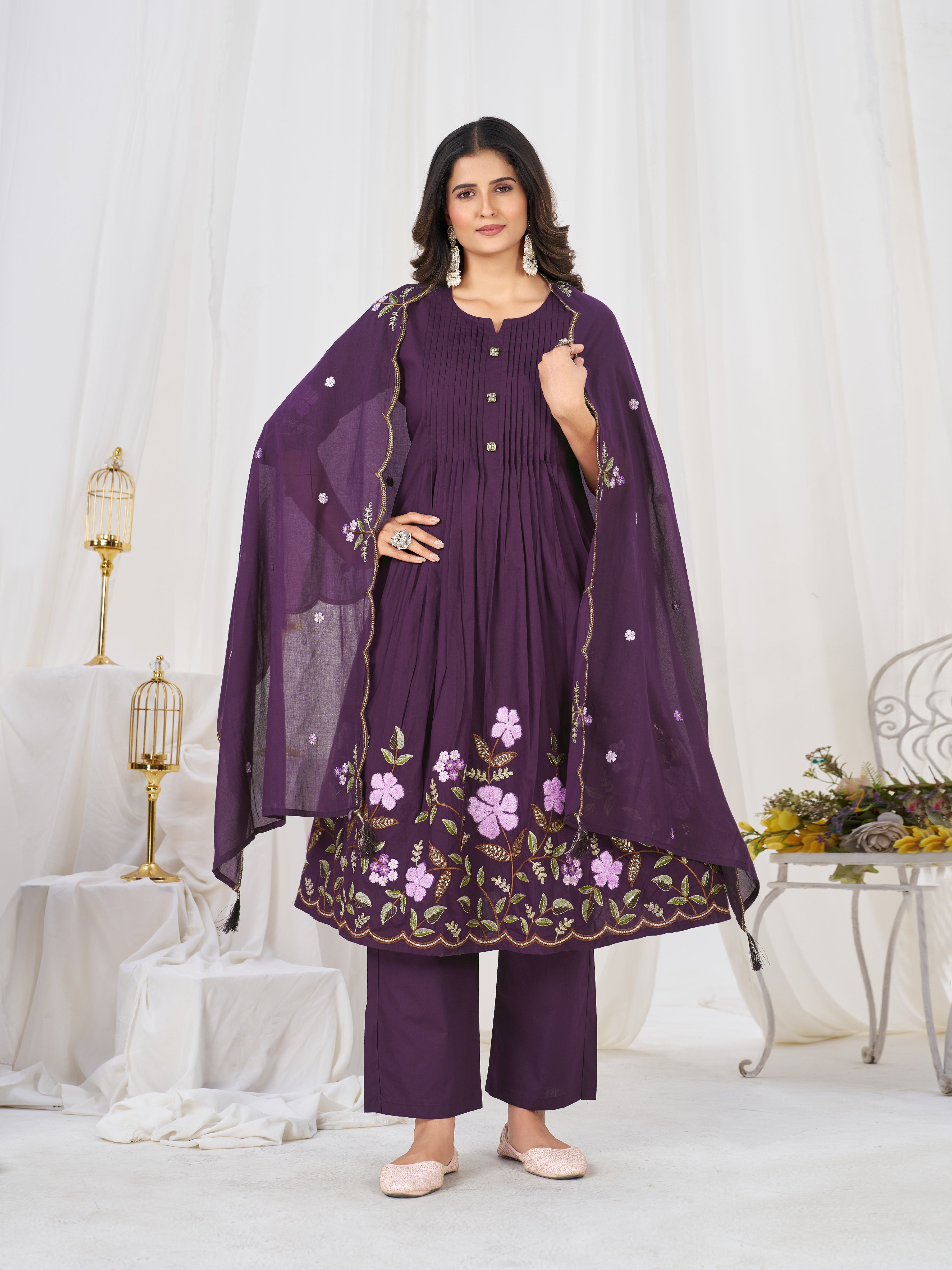 Pure Cotton Anarkali Kurti Set with Embroidered Dupatta   3 Piece Ethnic Suit Set