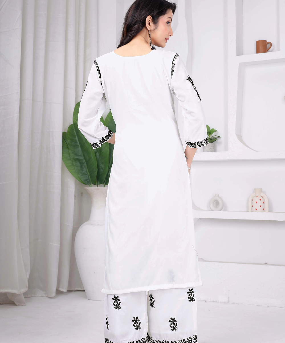 White & Black Maslin Embroidered Kurta Palazzo Set for Women