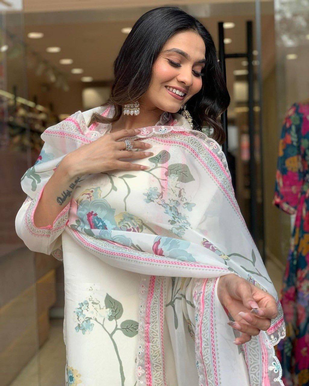 White Silk Digital Printed Kurti Set with Pant & Dupatta for Women