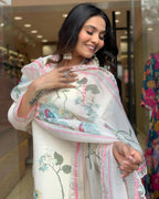 White Silk Digital Printed Kurti Set with Pant & Dupatta for Women