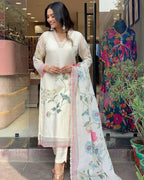 White Silk Digital Printed Kurti Set with Pant & Dupatta for Women