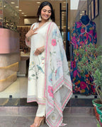 White Silk Digital Printed Kurti Set with Pant & Dupatta for Women