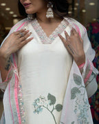 White Silk Digital Printed Kurti Set with Pant & Dupatta for Women