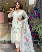 White Silk Digital Printed Kurti Set with Pant & Dupatta for Women