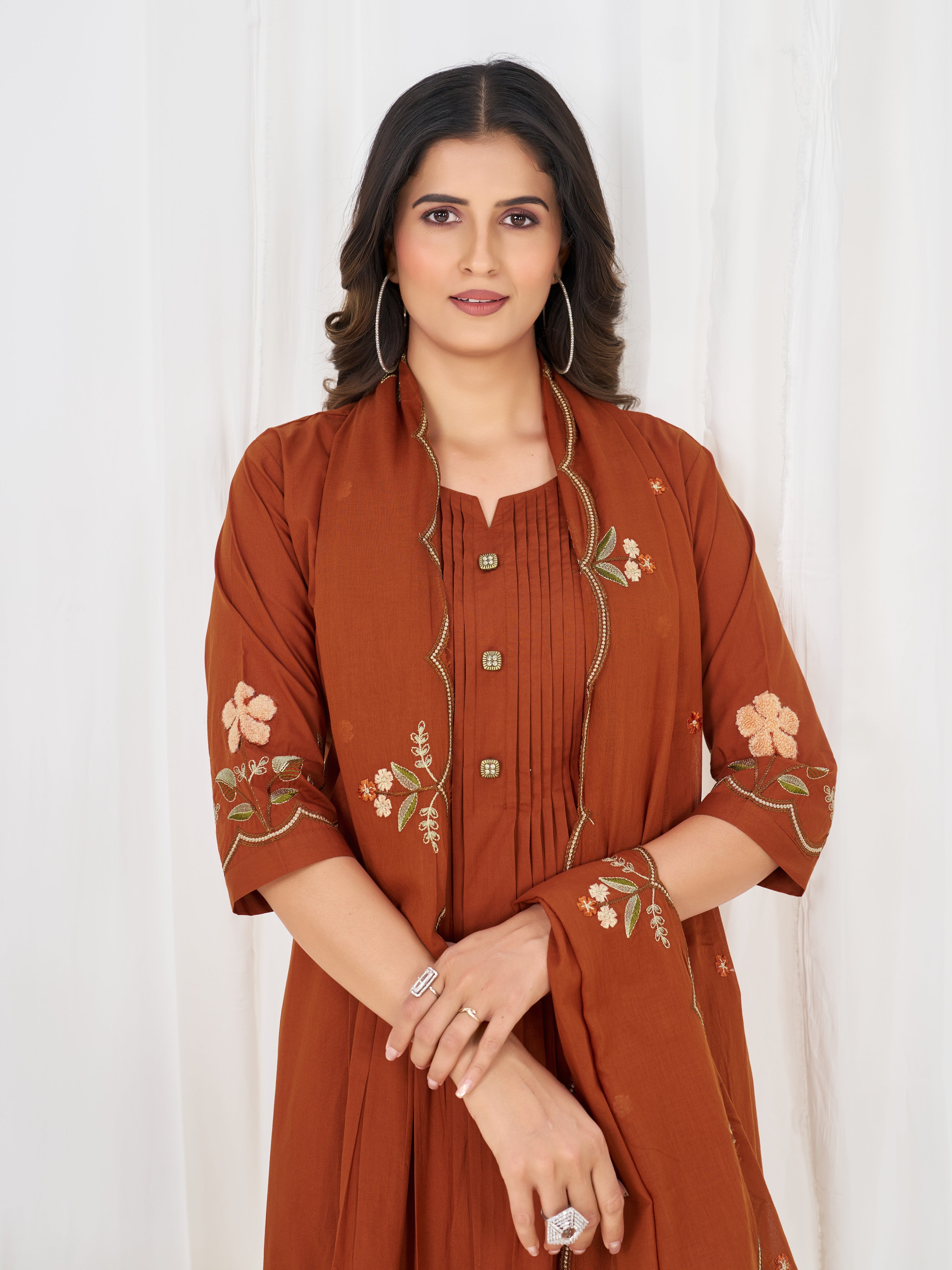 Pure Cotton Anarkali Kurti Set with Embroidered Dupatta   3 Piece Ethnic Suit Set