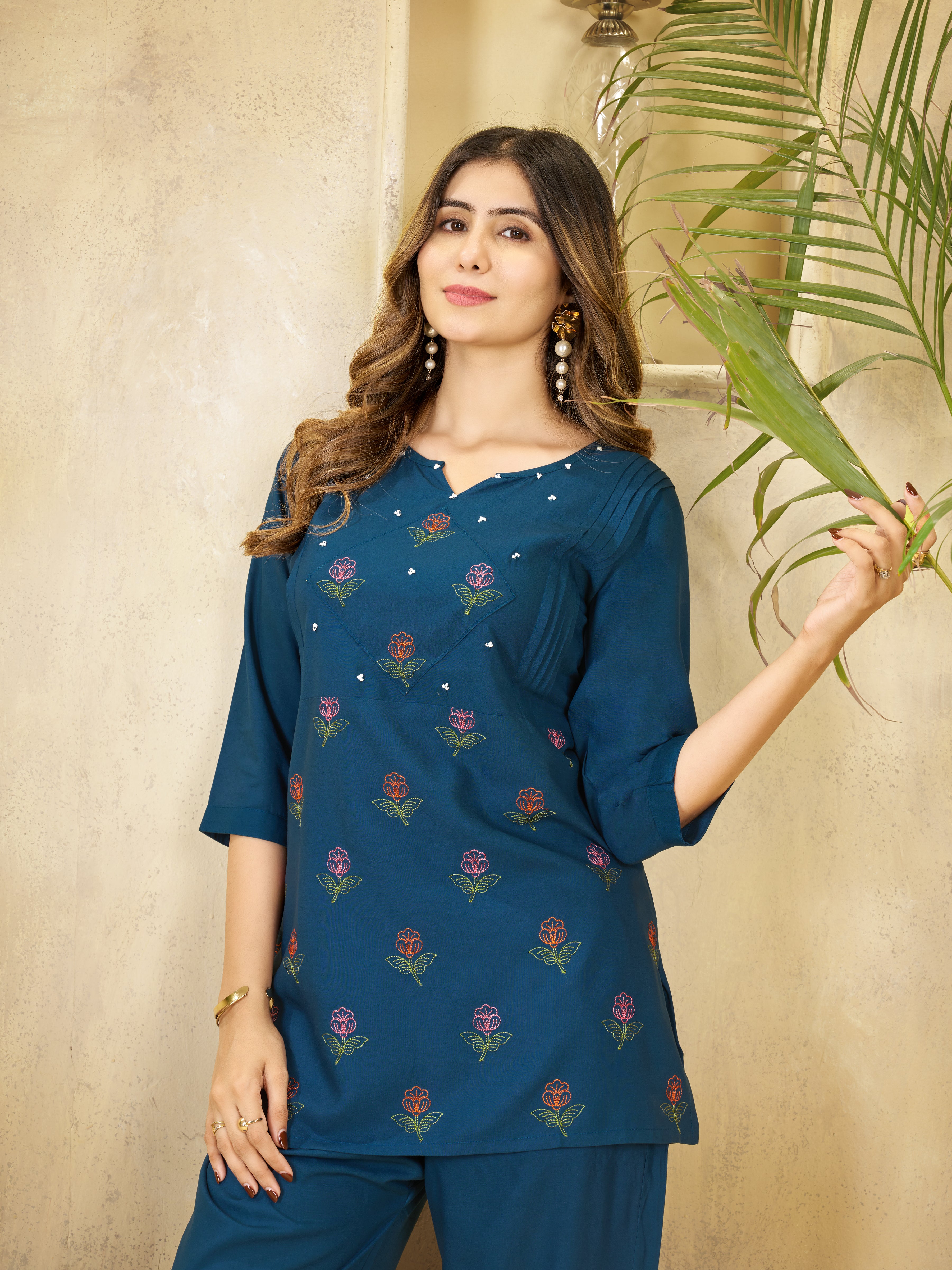 Heavy Rayon Embroidered Co-Ord Set . Hand Work Kurti & Straight Pant Set