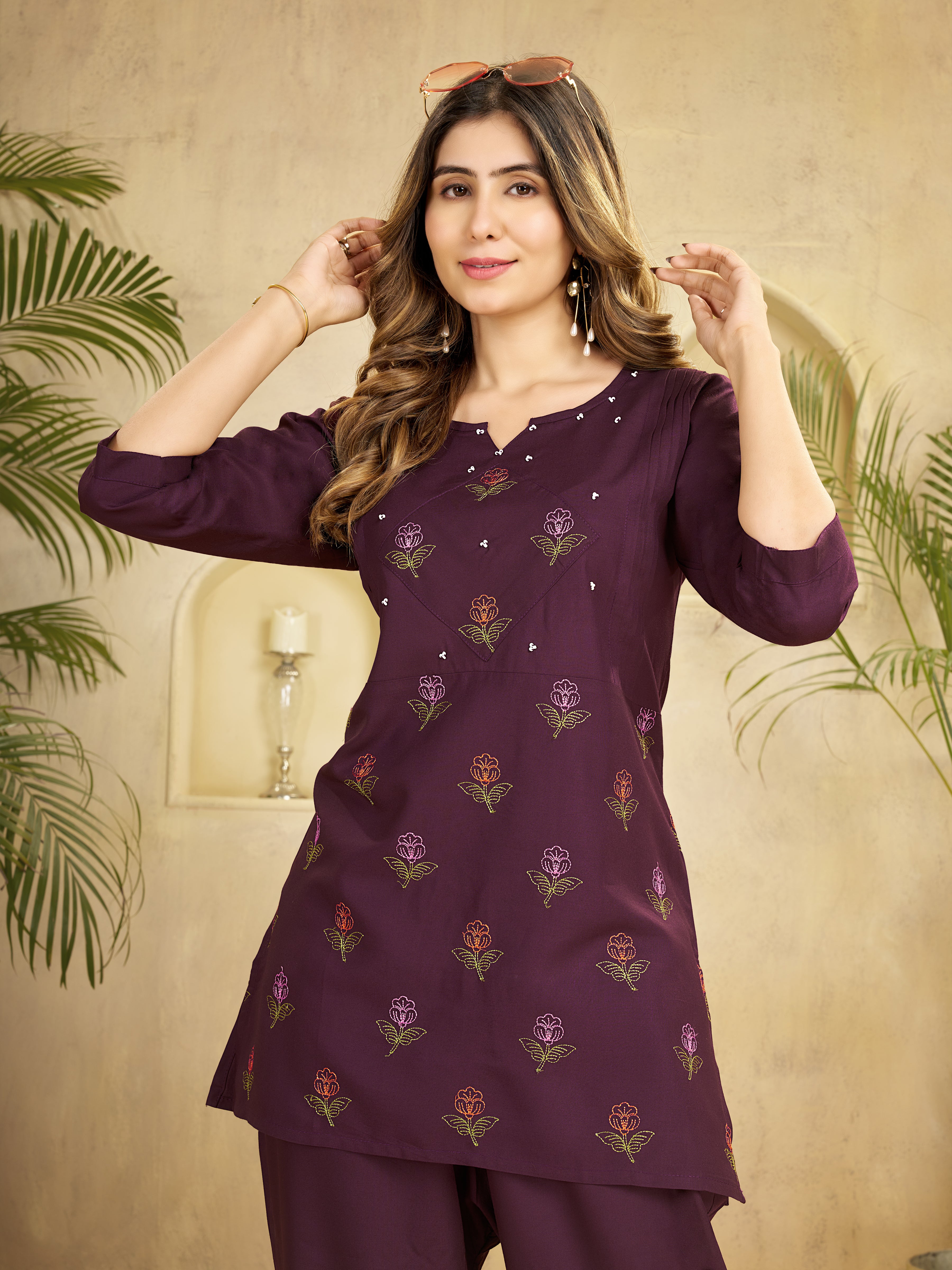 Heavy Rayon Embroidered Co-Ord Set . Hand Work Kurti & Straight Pant Set