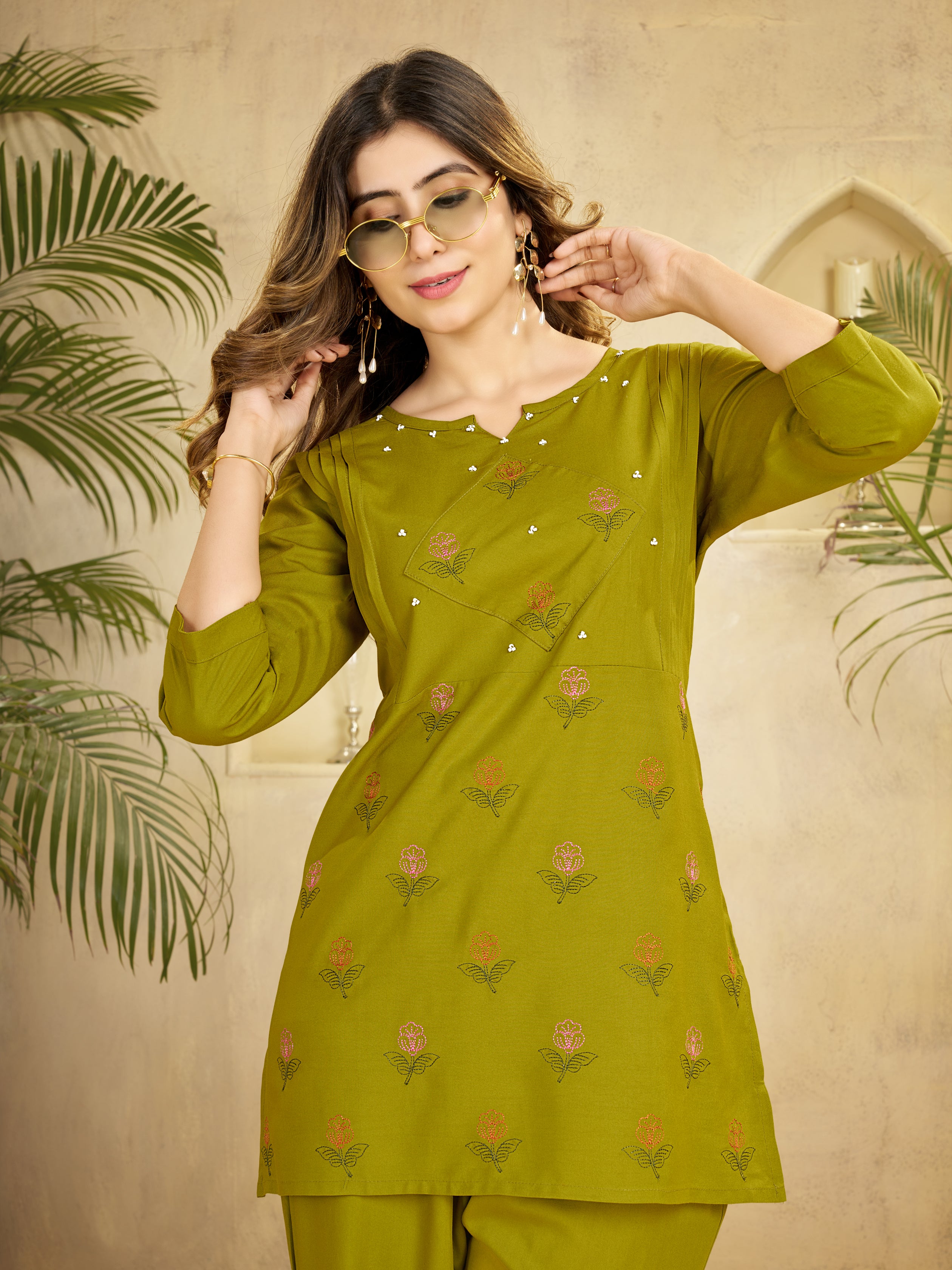Heavy Rayon Embroidered Co-Ord Set . Hand Work Kurti & Straight Pant Set