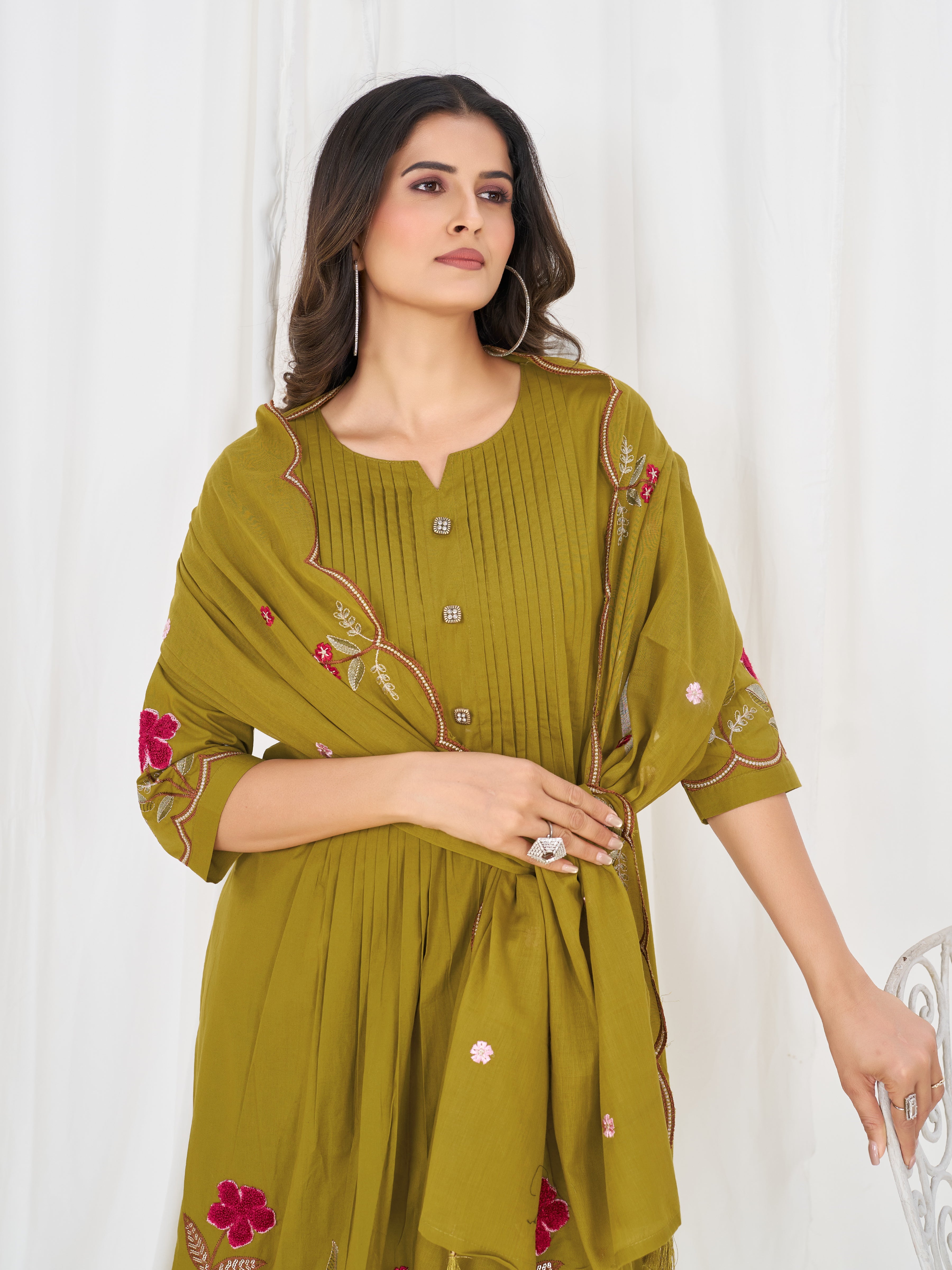 Pure Cotton Anarkali Kurti Set with Embroidered Dupatta   3 Piece Ethnic Suit Set