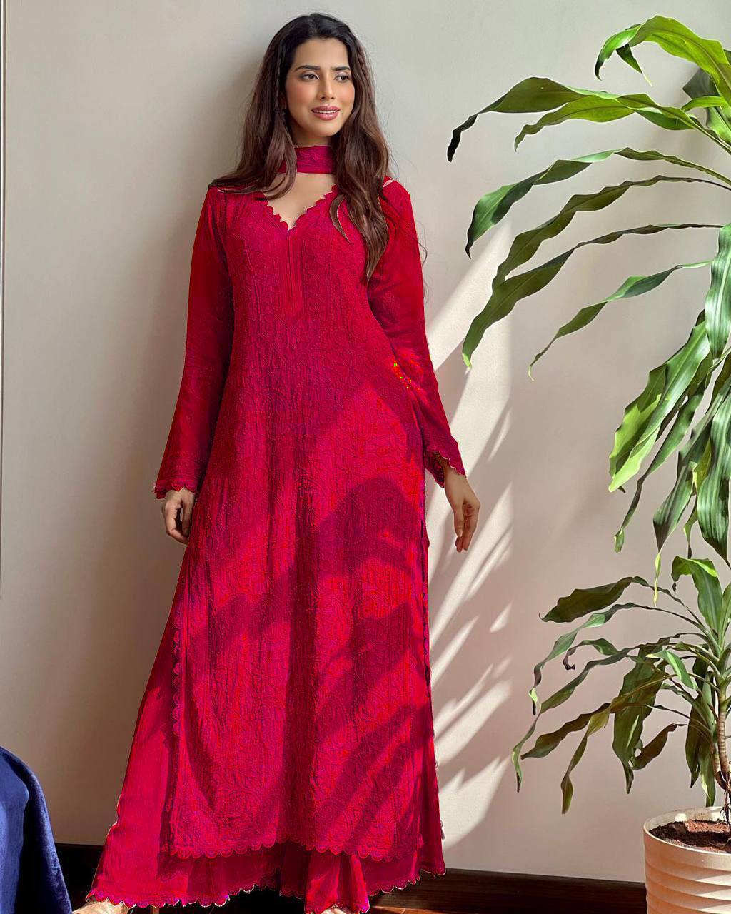 Red Georgette Kurti Set with Pant & Dupatta for Women