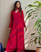 Red Georgette Kurti Set with Pant & Dupatta for Women