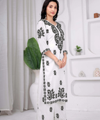 White & Black Maslin Embroidered Kurta Palazzo Set for Women