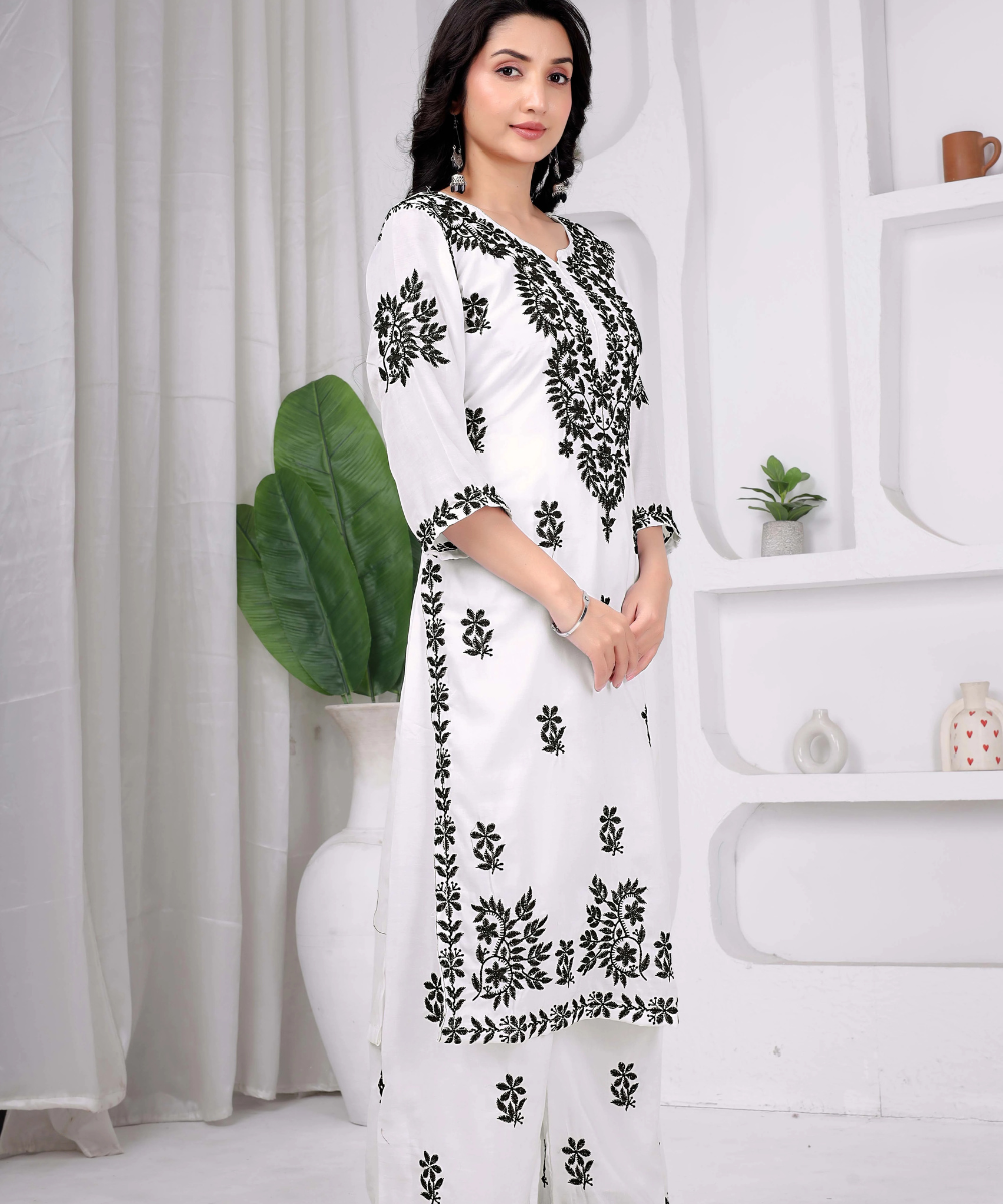White & Black Maslin Embroidered Kurta Palazzo Set for Women