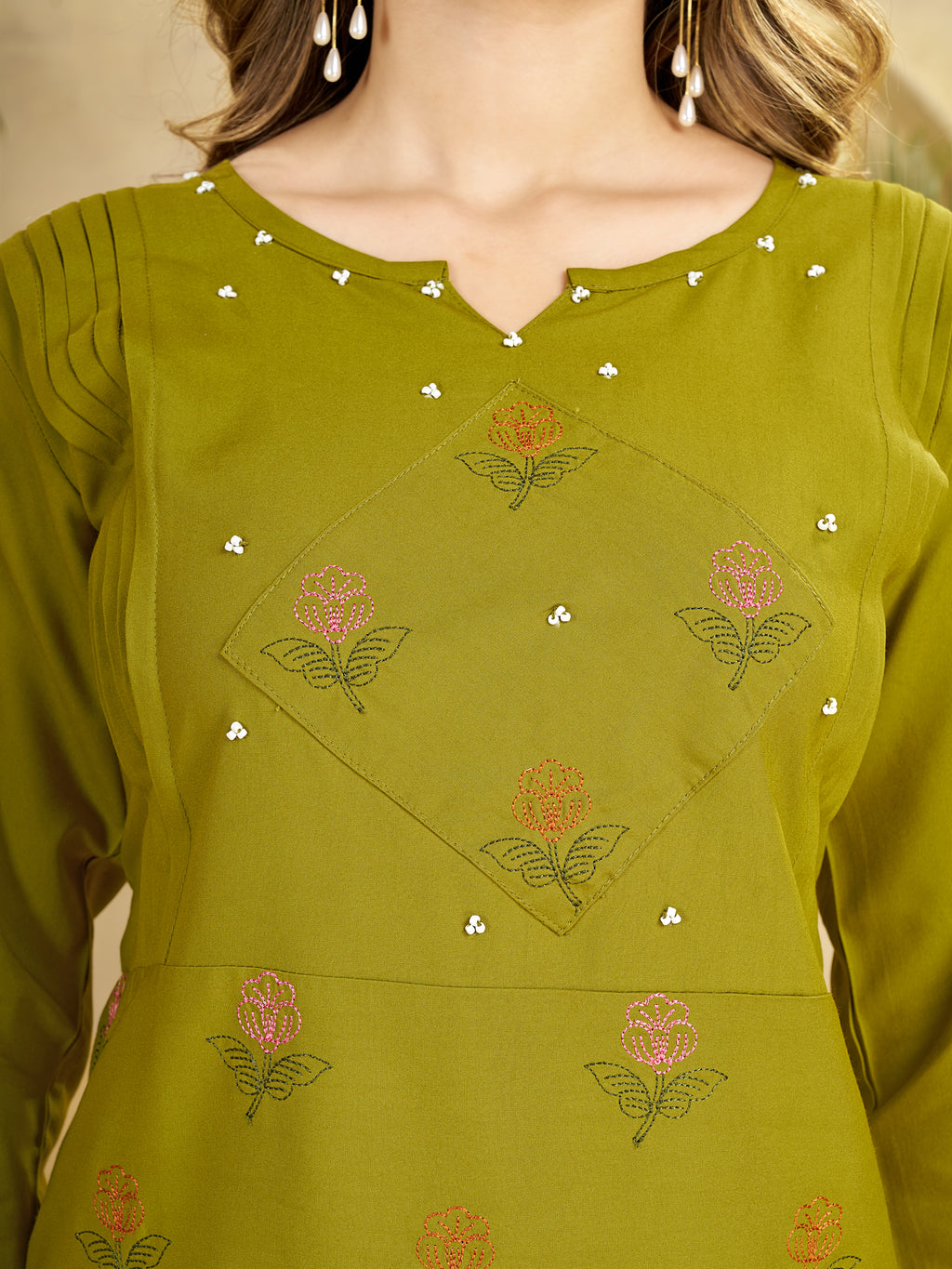 Heavy Rayon Embroidered Co-Ord Set . Hand Work Kurti & Straight Pant Set
