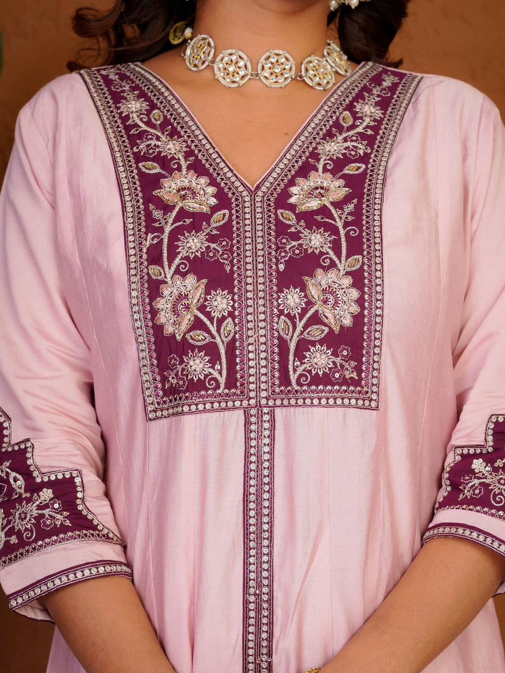 Roman Silk Anarkali Suit Set with Embroidered Dupatta  Hand Work Kurti Palazzo Set