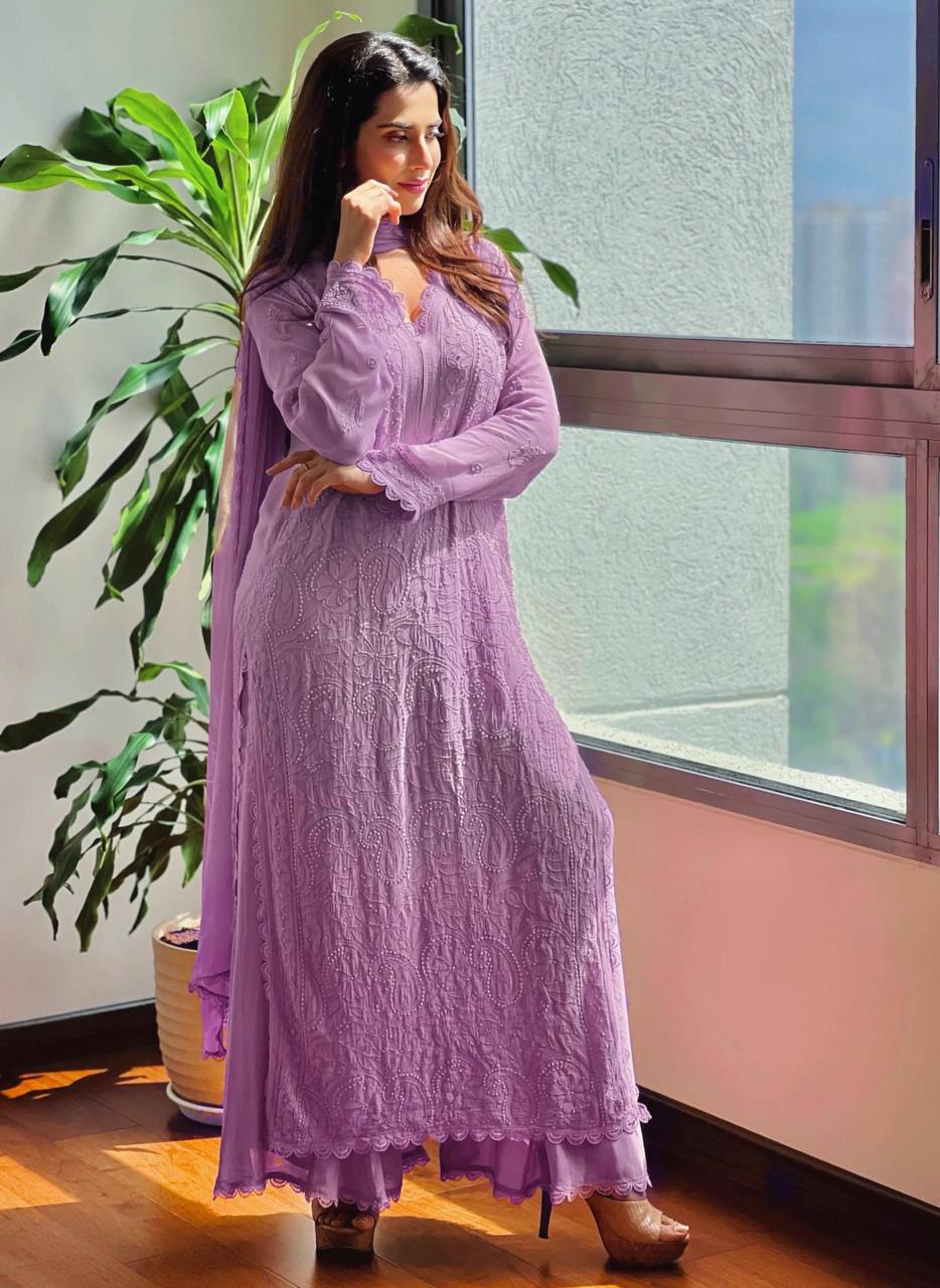Purple Faux Georgette Kurti Set with Pant & Dupatta for Women