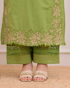 Green Cotton Blend Embroidered Kurti Set with Pant & Dupatta for Women