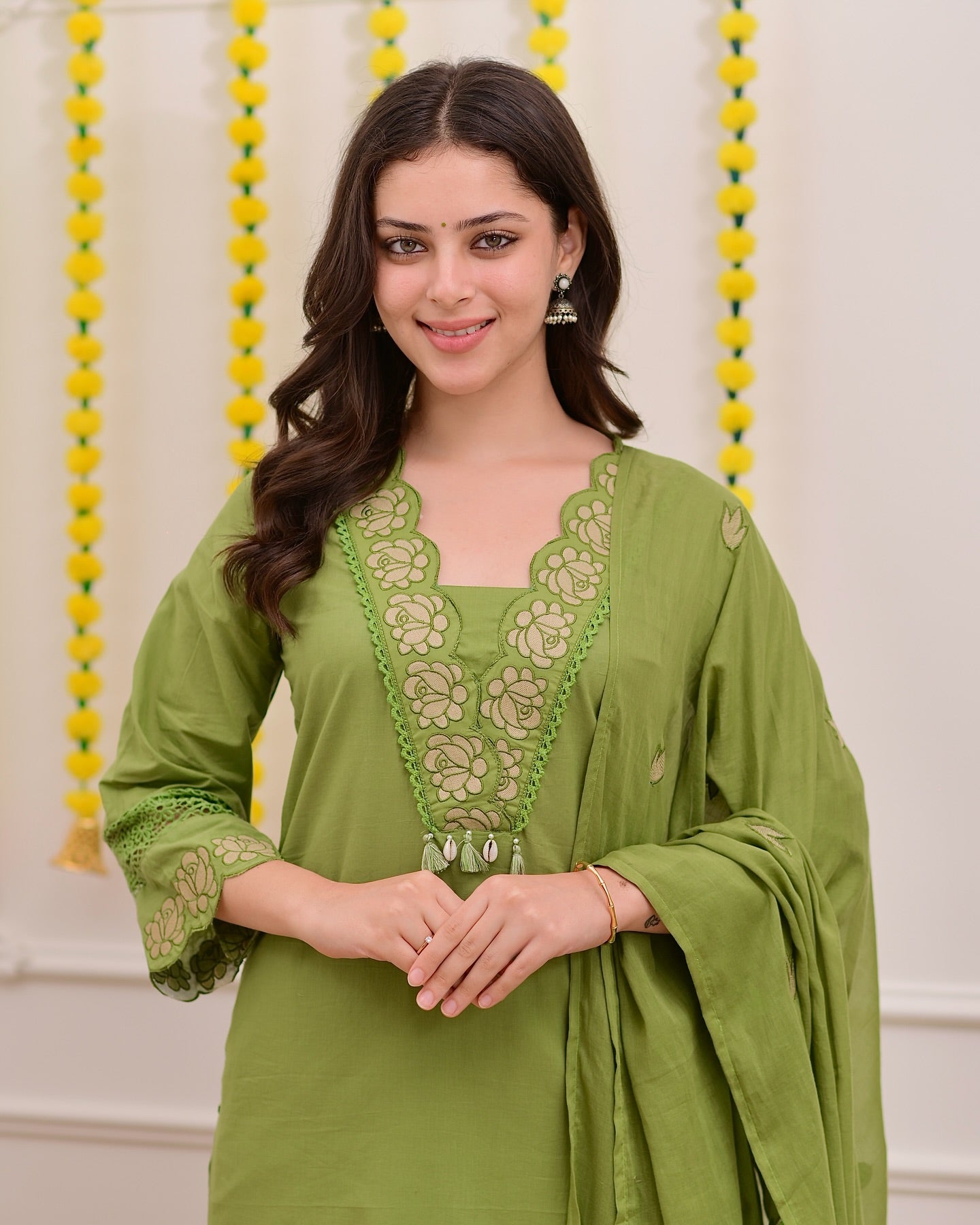 Green Cotton Blend Embroidered Kurti Set with Pant & Dupatta for Women