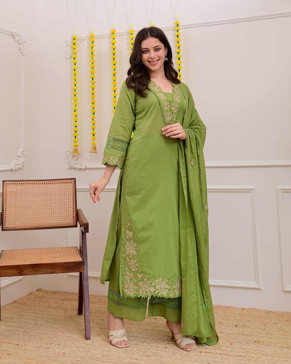 Green Cotton Blend Embroidered Kurti Set with Pant & Dupatta for Women