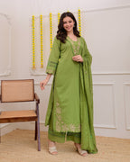 Green Cotton Blend Embroidered Kurti Set with Pant & Dupatta for Women