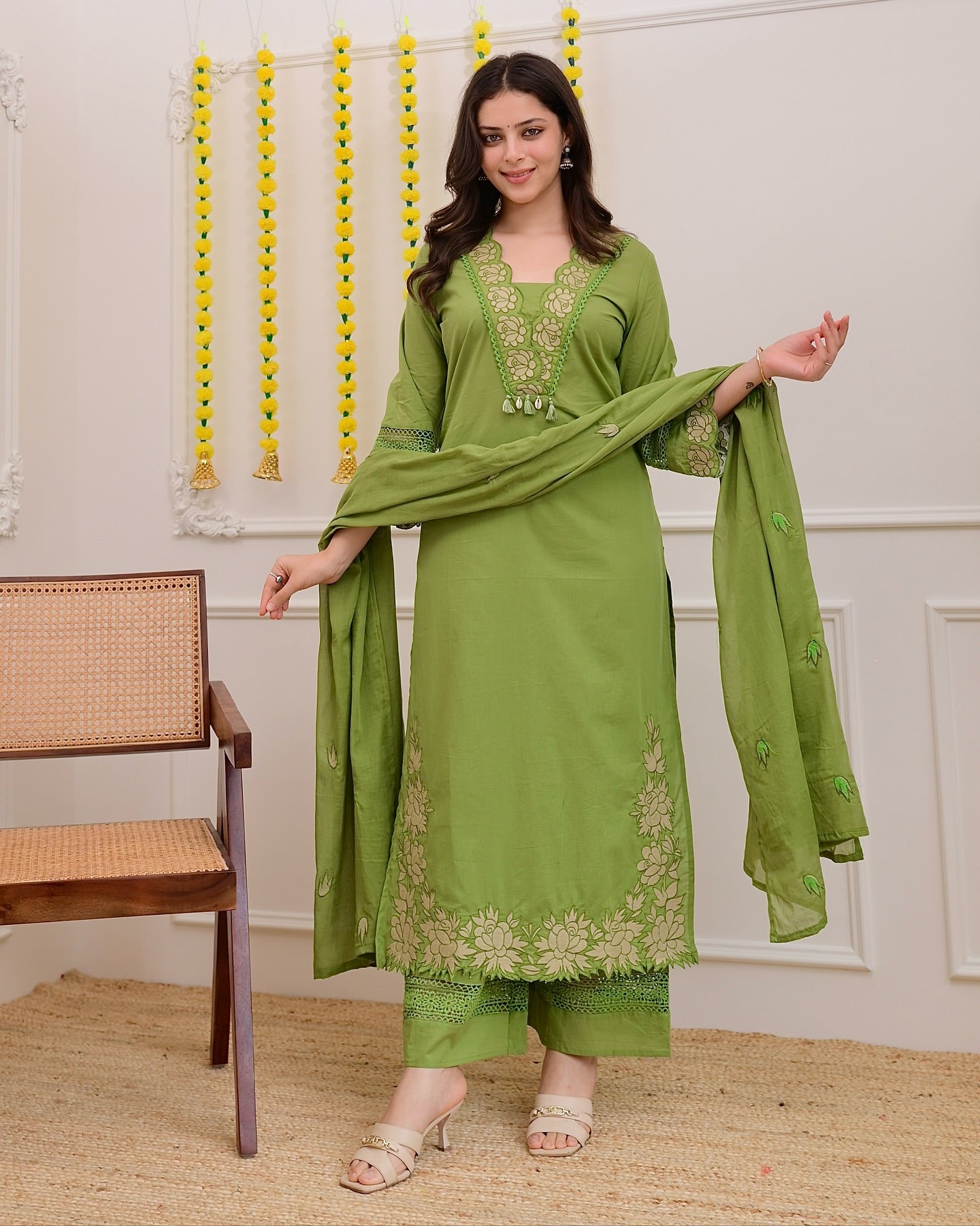 Green Cotton Blend Embroidered Kurti Set with Pant & Dupatta for Women