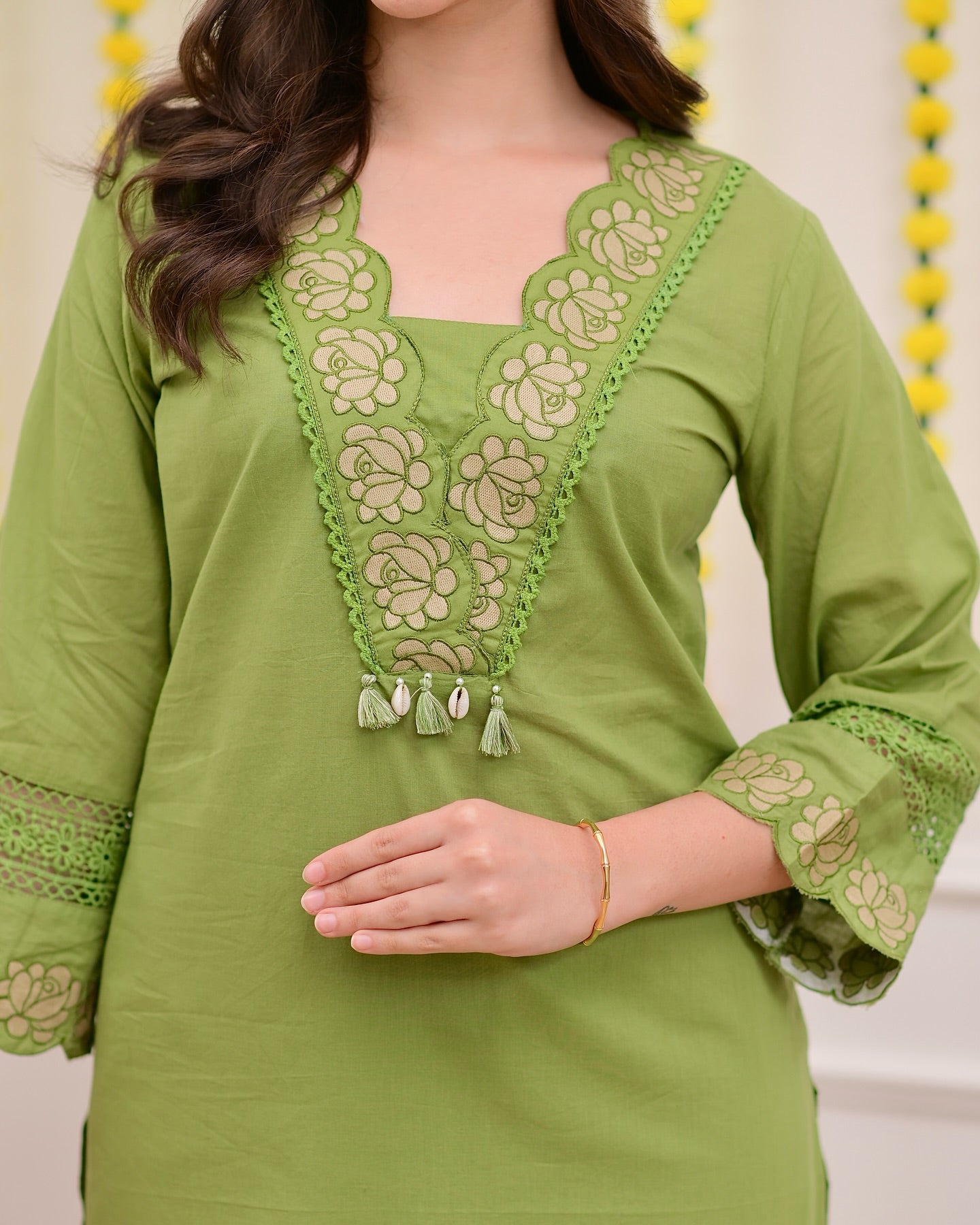 Green Cotton Blend Embroidered Kurti Set with Pant & Dupatta for Women