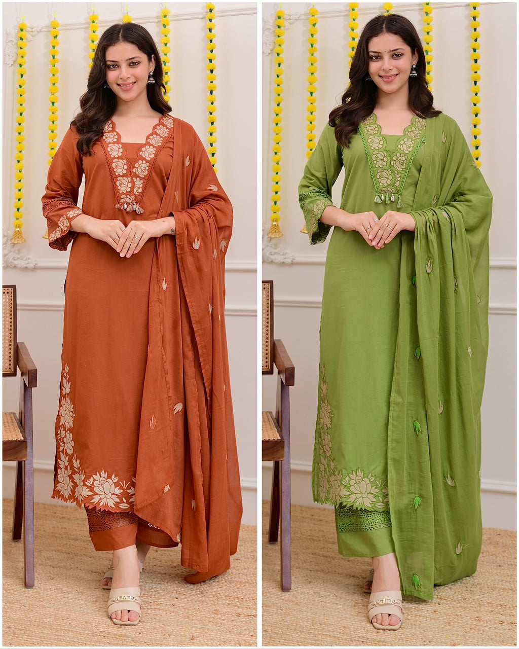 Green Cotton Blend Embroidered Kurti Set with Pant & Dupatta for Women