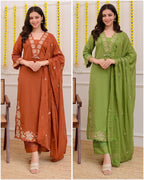 Green Cotton Blend Embroidered Kurti Set with Pant & Dupatta for Women
