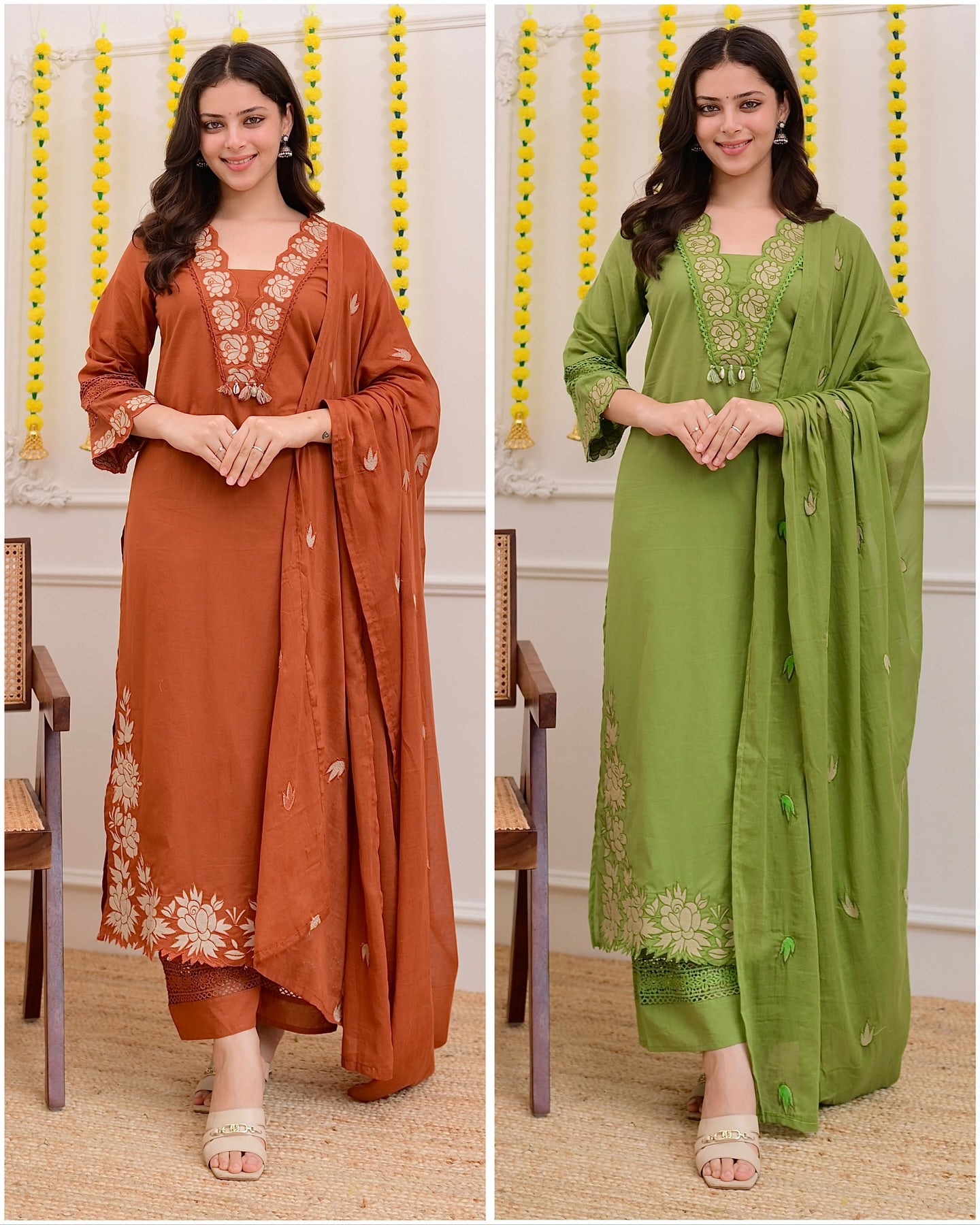 Green Cotton Blend Embroidered Kurti Set with Pant & Dupatta for Women