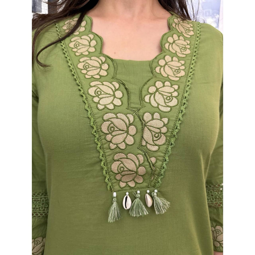 Green Cotton Blend Embroidered Kurti Set with Pant & Dupatta for Women