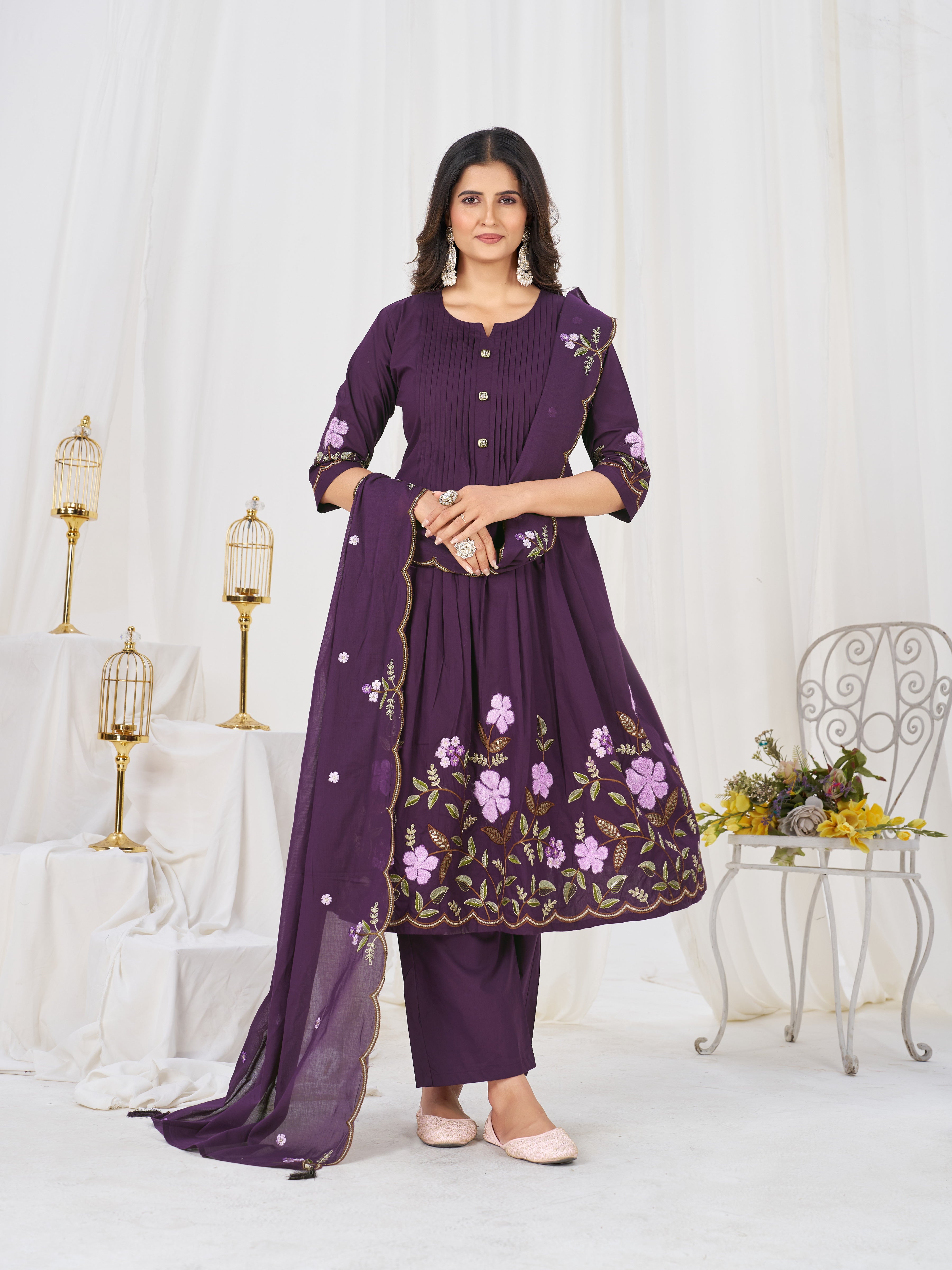 Pure Cotton Anarkali Kurti Set with Embroidered Dupatta   3 Piece Ethnic Suit Set