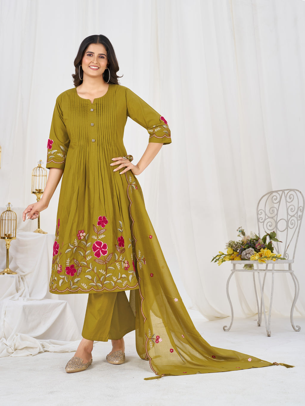 Pure Cotton Anarkali Kurti Set with Embroidered Dupatta   3 Piece Ethnic Suit Set