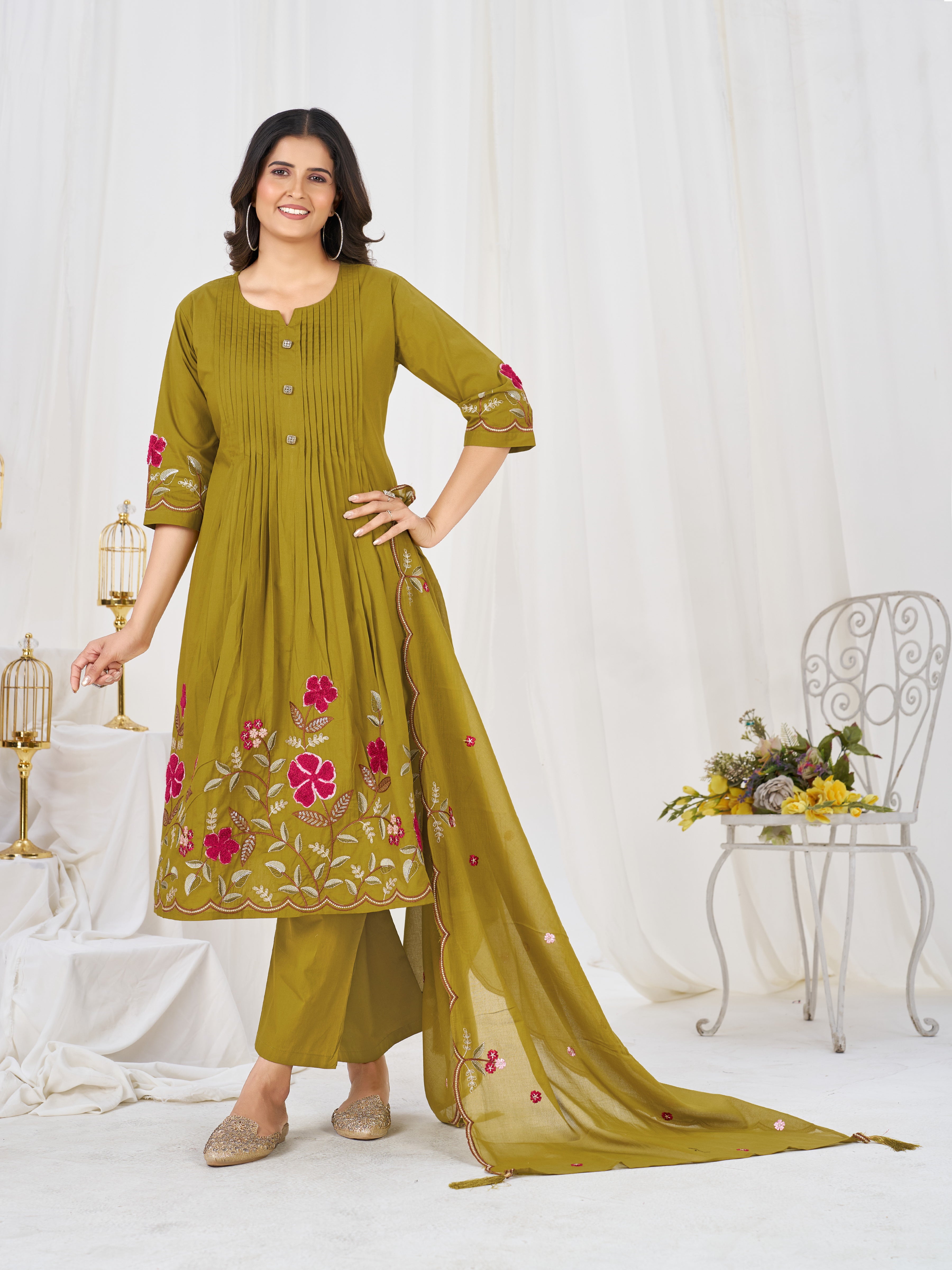 Pure Cotton Anarkali Kurti Set with Embroidered Dupatta   3 Piece Ethnic Suit Set