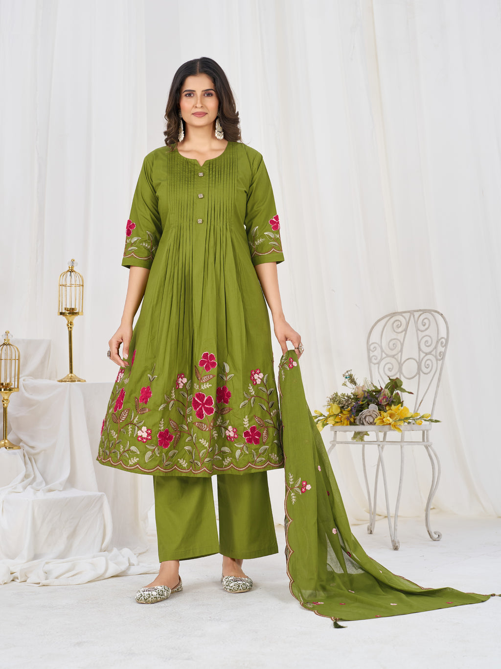 Pure Cotton Anarkali Kurti Set with Embroidered Dupatta   3 Piece Ethnic Suit Set
