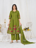 Pure Cotton Anarkali Kurti Set with Embroidered Dupatta   3 Piece Ethnic Suit Set