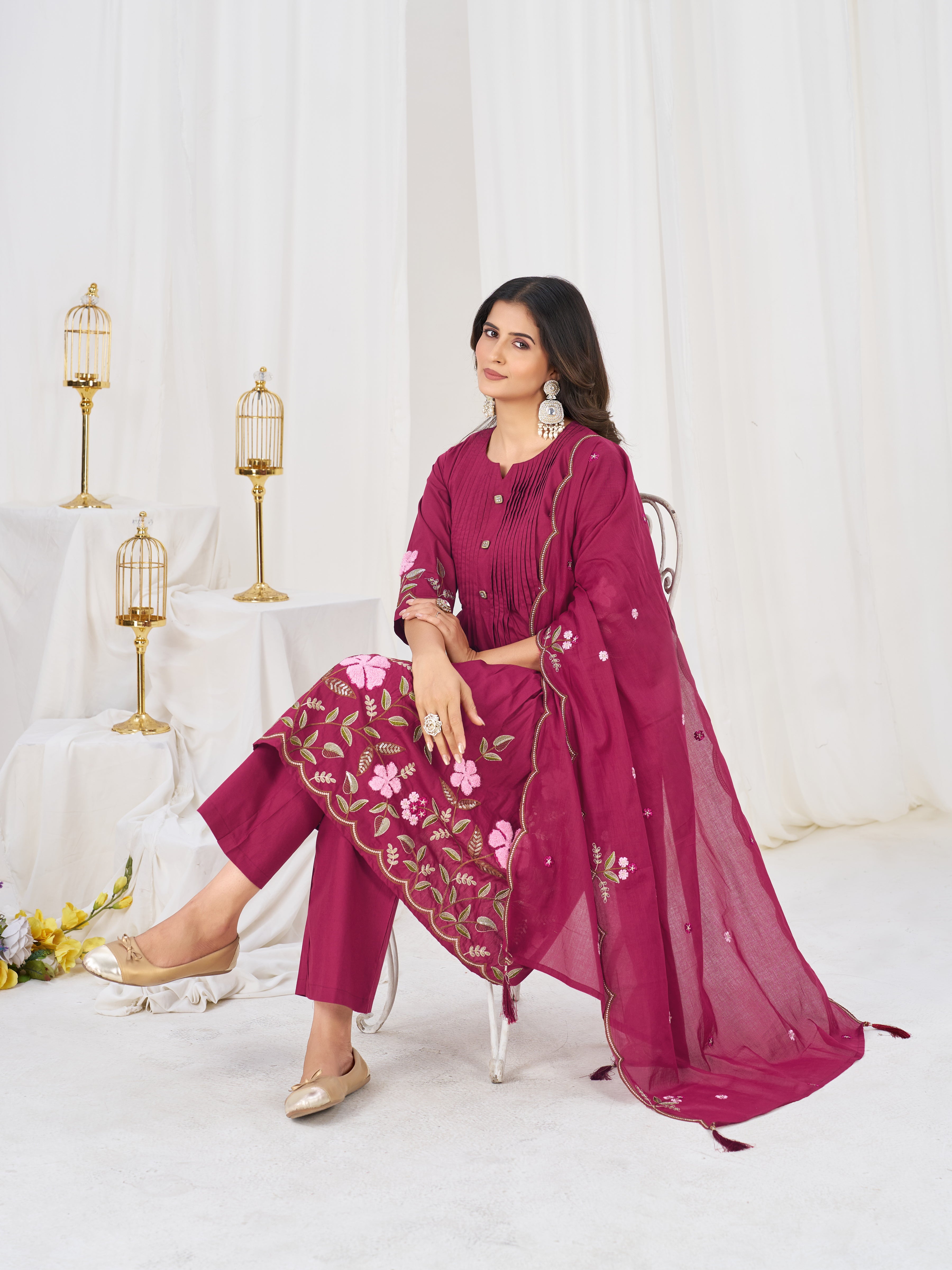 Pure Cotton Anarkali Kurti Set with Embroidered Dupatta   3 Piece Ethnic Suit Set