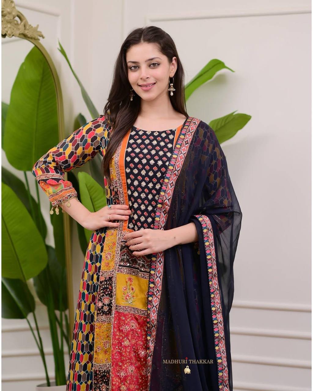 Black Chinon Printed Kurti Set with Pant & Dupatta for Women