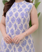 Blue Cotton Floral Printed Kurta with Pant Set for Women