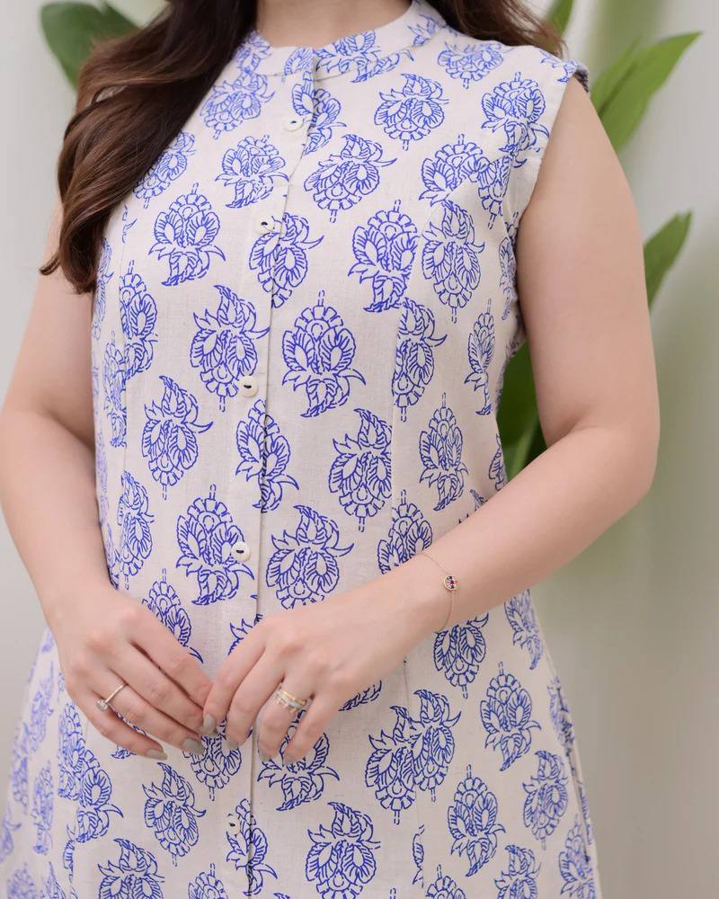 Blue Cotton Floral Printed Kurta with Pant Set for Women
