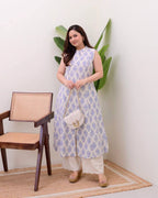Blue Cotton Floral Printed Kurta with Pant Set for Women