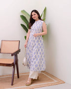 Blue Cotton Floral Printed Kurta with Pant Set for Women