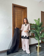 Light Pink French Crepe Thread Embroidered Kurti Set with Pant & Dupatta for Women